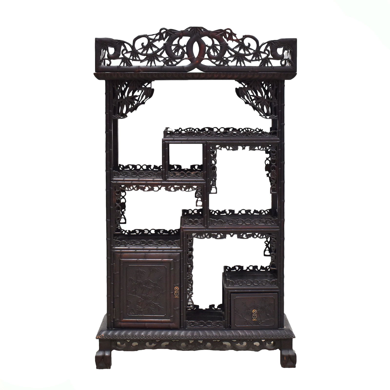 EBONY WOOD DISPLAY SHELVING CABINET: Ebony Wood Display Shelving Cabinet Dimensions: 69-7/8"H x 40-1/8"W x 15-3/4"D SHIPPING: Please Contact Auction House to arrange shipping for this Lot