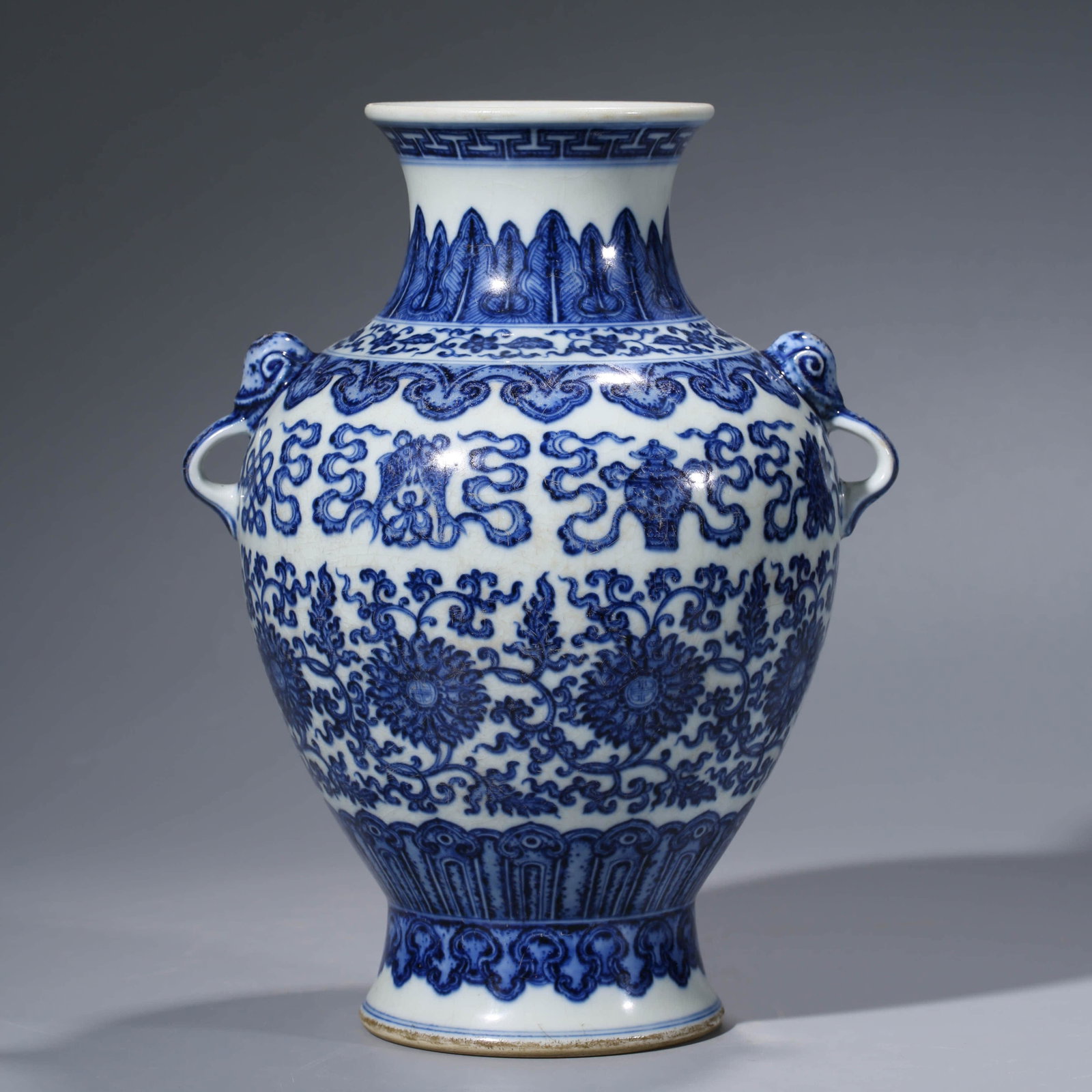 A CHINESE BLUE & WHITE PORCELAIN VASE,QIANLONG MARK: Dimensions: Diam.22.6cm, Height: 29.1cm, The vase is superbly potted with rounded shoulders supporting a waisted neck and tapering down to a broad base, exquisitely painted in soft inky-blue cobalt wi