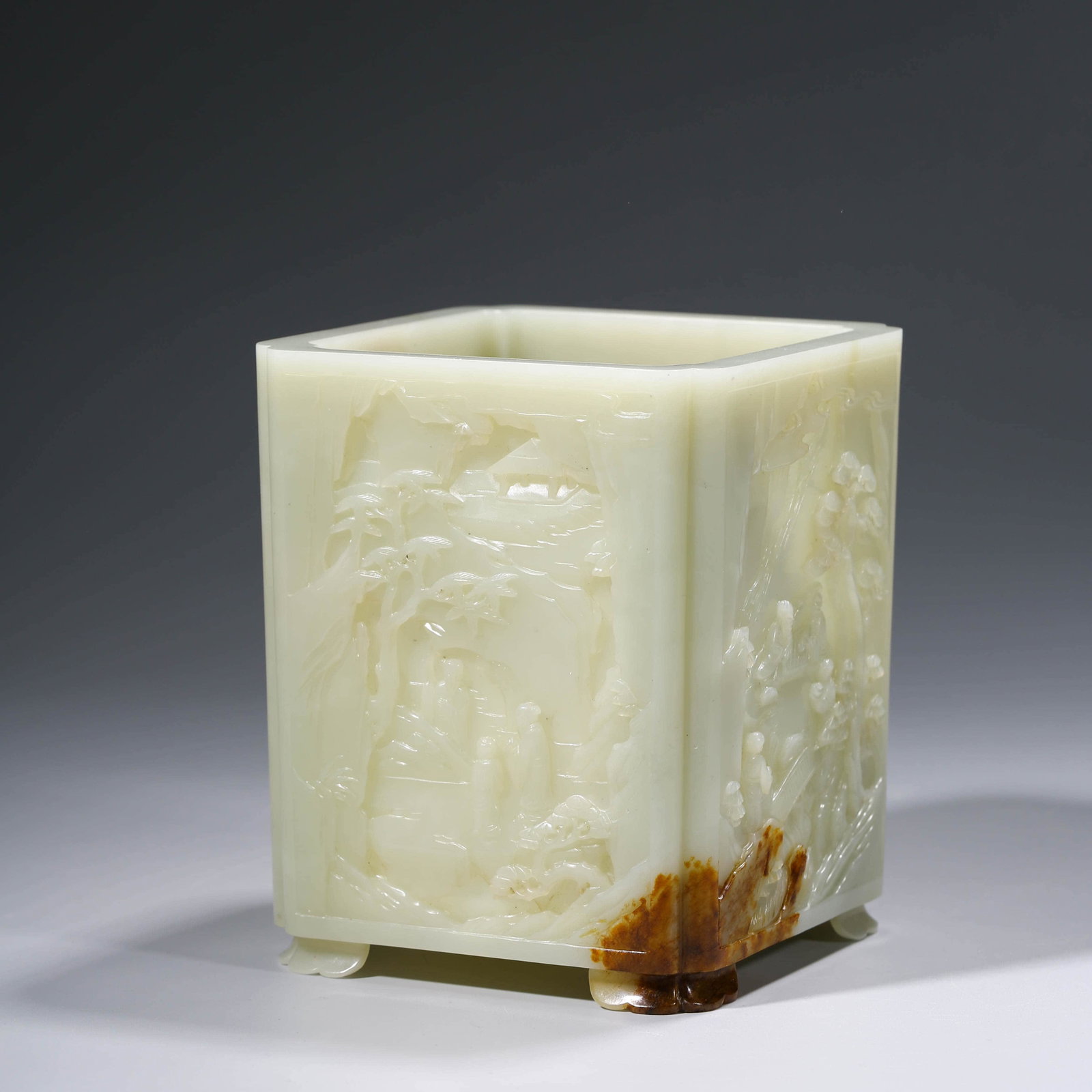 A CHINESE WHITE JADE SQUARE BRUSH POT: Dimensions: Length: 12.4cm, Height: 34cm, PROVENANCE: From the estate of Joseph Y Shook passed down to his heirs. A global entrepreneur collecting many highly collectible items during his intercontine