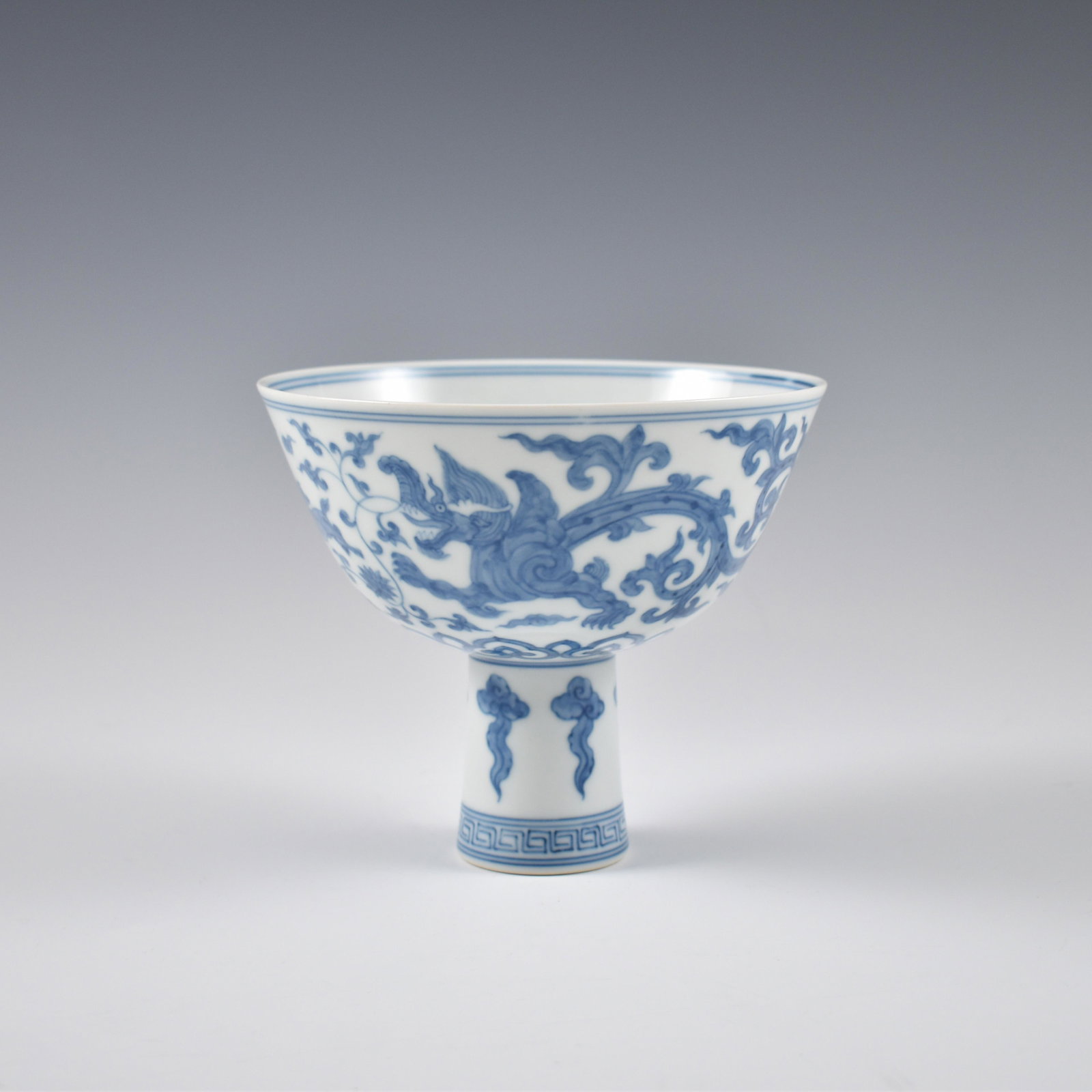 MING CHENGHUA BLUE & WHITE DRAGON HIGH BOWL: Dimensions: 5" H x 6-1/4" Dia. Chinese Ming Dynasty Period, ChengHua blue and white Dragon porcelain high bowl. The porcelain potted with a shallow body, slight deep, broad cavetto, with a slight flar