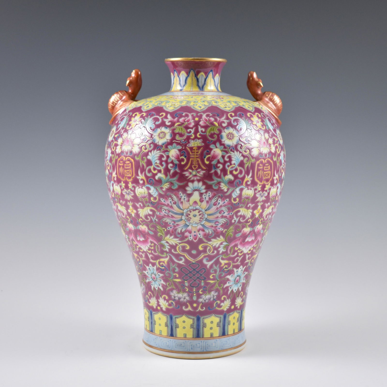 QIANLONG FAMILLE ROSE ON RUBY RED AMPHORA VASE (1 of 6)