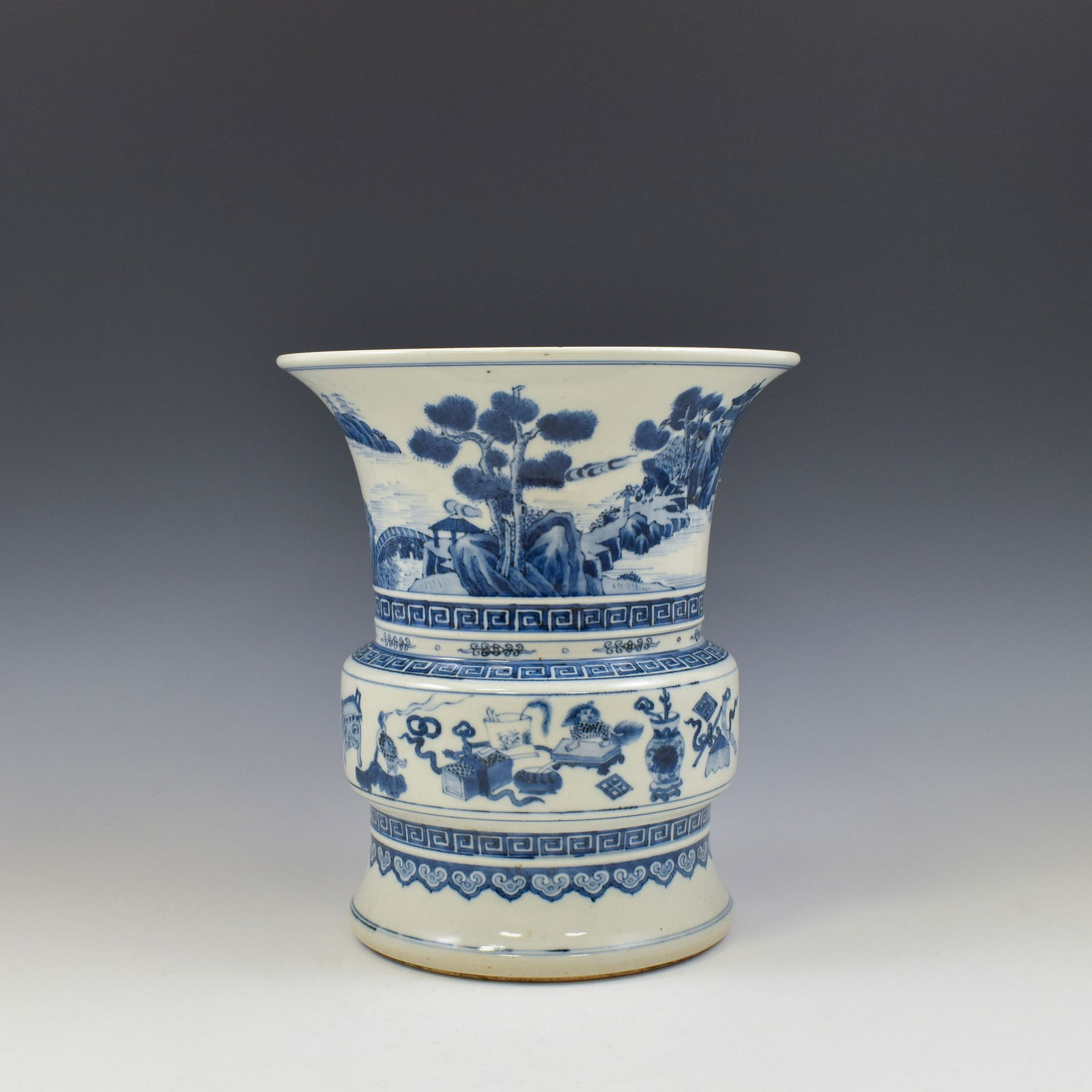 QING BLUE & WHITE LANDSCAPE GU BEAKER VASE (1 of 15)