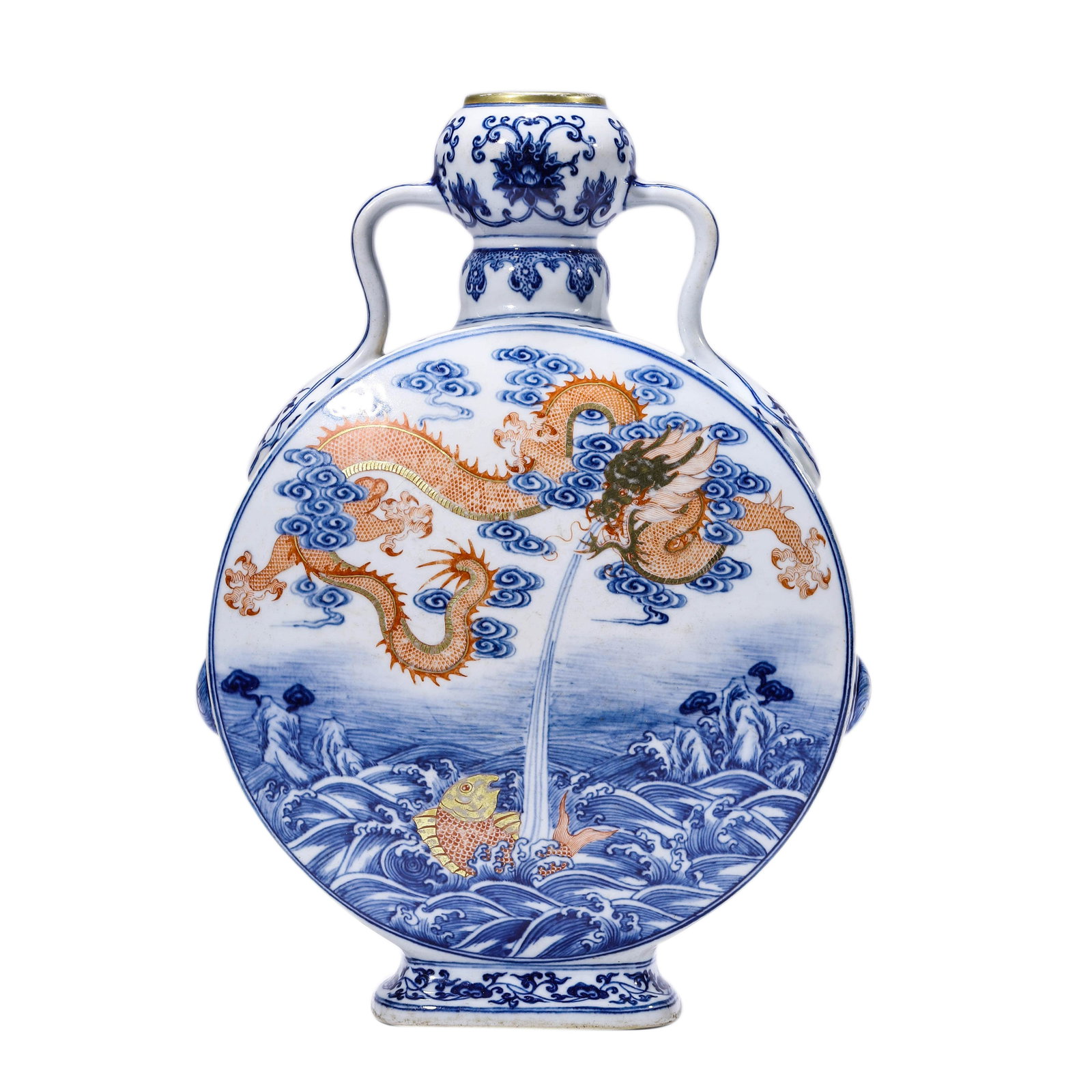 Porcelain Blue and White Dragon Moonflask, Qianlong: Dimensions: Length:24.8cm, Width:11.8 cm, Height:34.8 cm The two sides are decorated with a central stylised flowerhead with radiating stylised branches supporting ruyi heads. The bulbous metal-moun