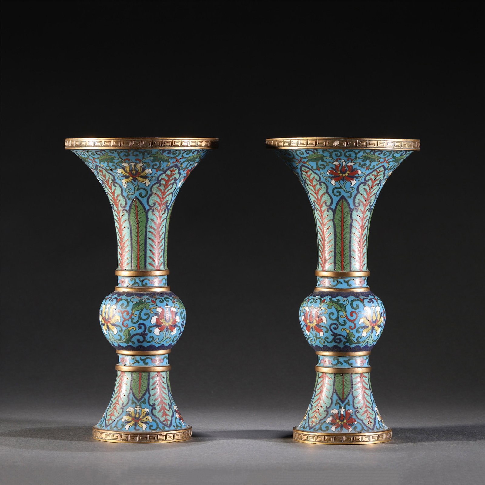A PAIR OF CLOISONNE BRONZE GU VASES (1 of 9)