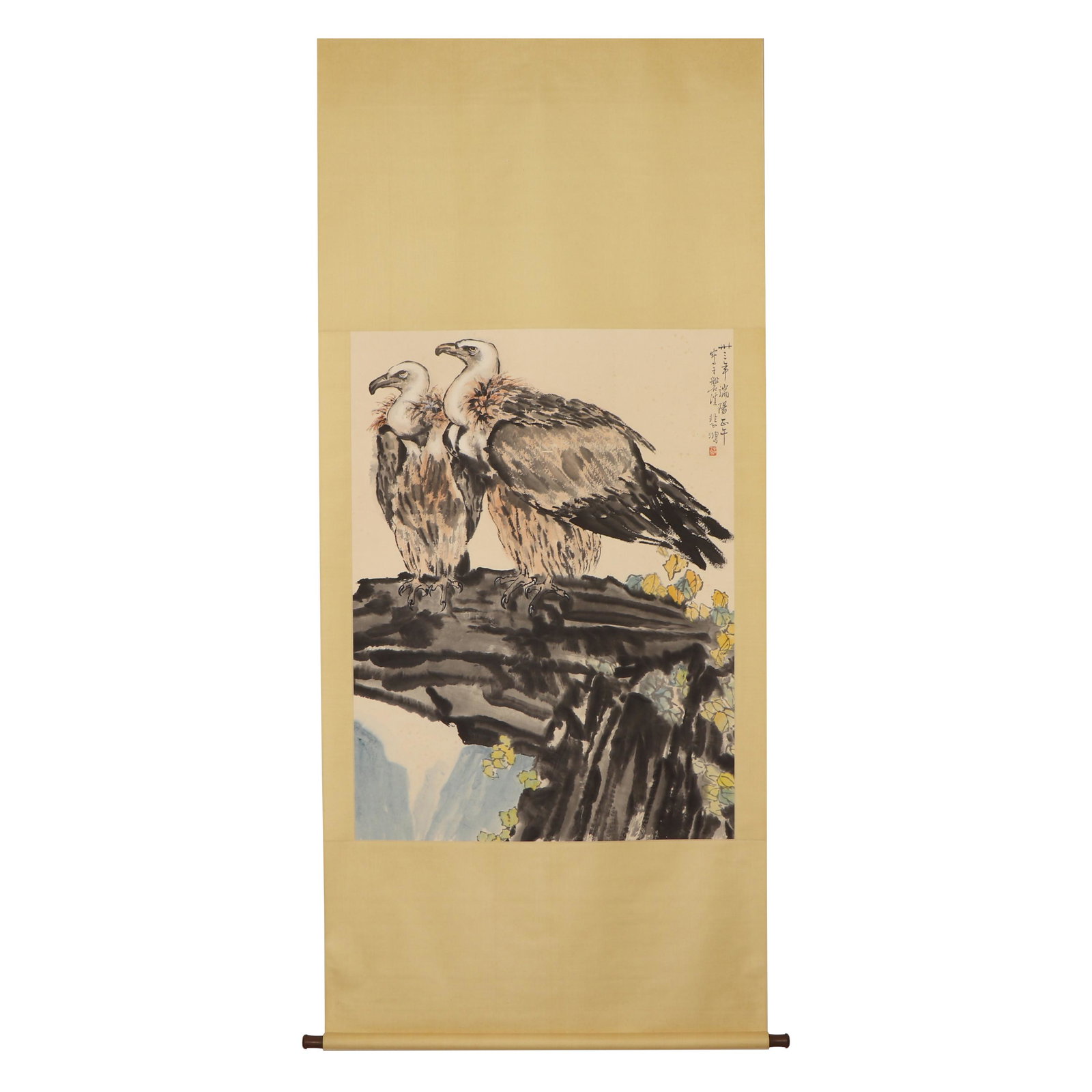 A CHINESE PAINTING EAGLES ON STONE SIGNED XUBEIHONG (1 of 6)