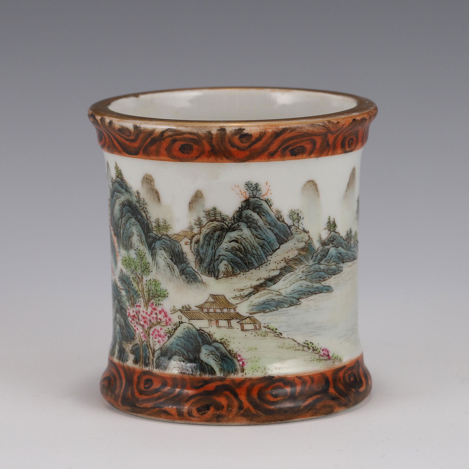 FAMILLE ROSE OPEN FACE LANDSCAPE PORCELAIN BRUSH POT (1 of 7)