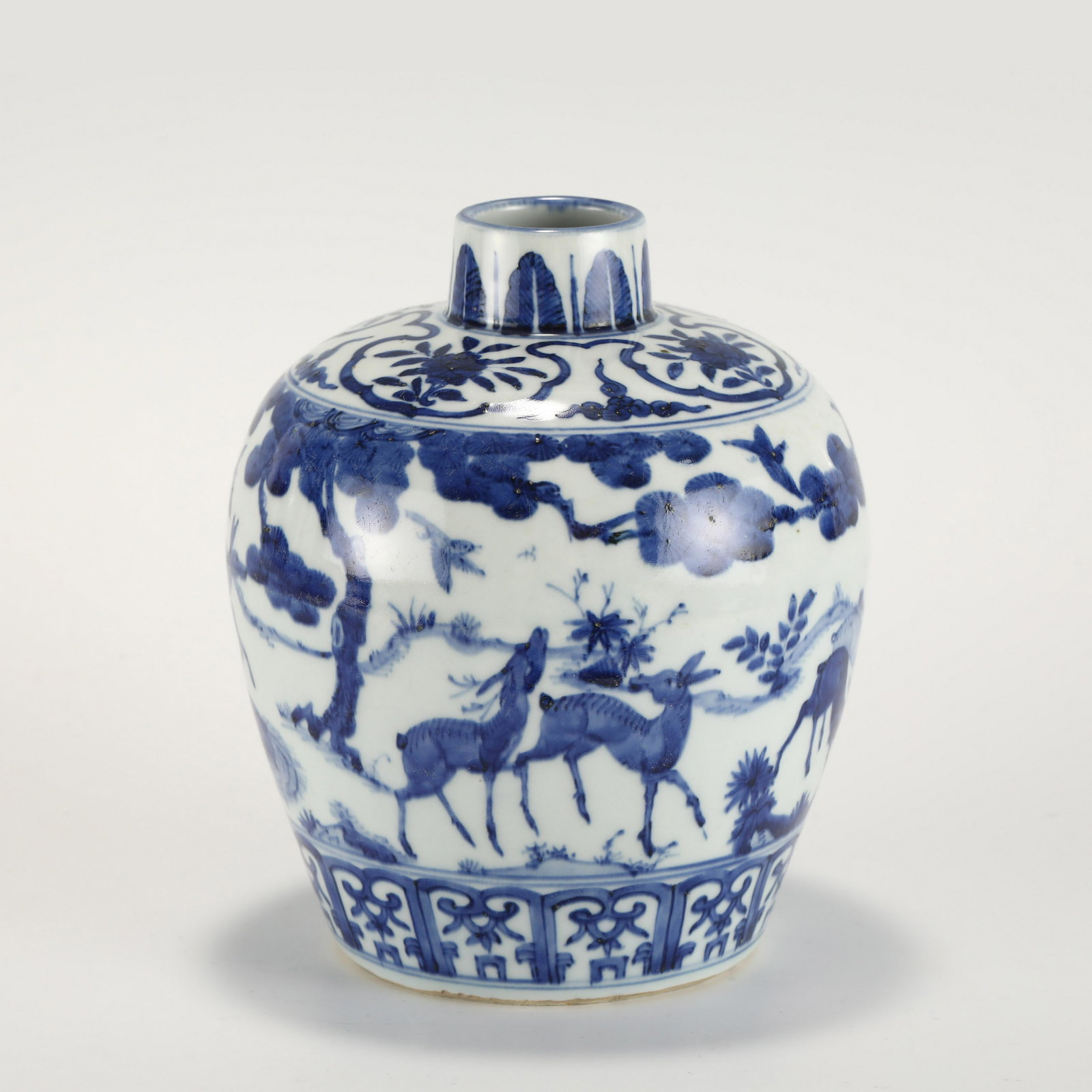 MING JIAJING BLUE AND WHITE JAR: PROVENANCE: From Bluffton, SC Private Collector. Dimensions: Heigth: 18 cm, Diameter: 15.5 cm Chinese Ming Dynasty JiaJing Blue and White Deers Porcelain Lidded Jar. Potted into jar shape, having thic