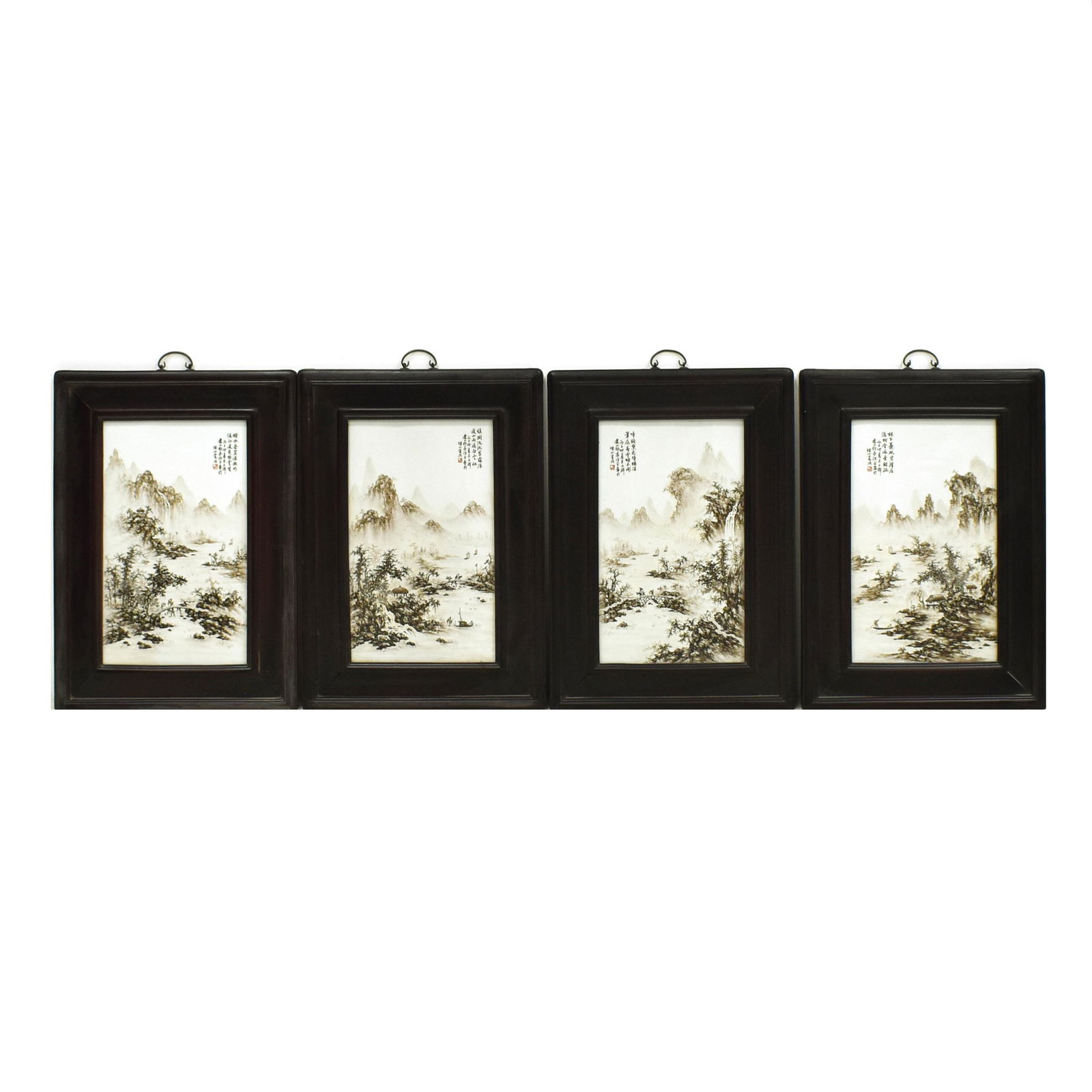 SET OF 4 FRAMED LANDSCAPE PORCELAIN PAINTING PLAQUES (1 of 14)