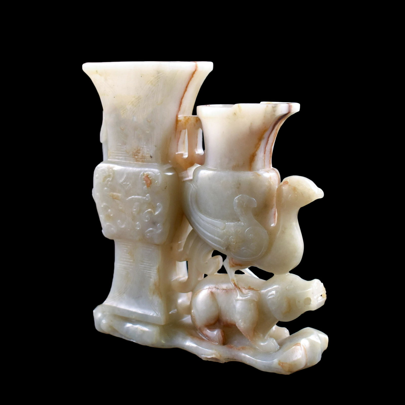 CARVED JADE OF DOUBLE VASE UPON PHOENIX AND DOG (1 of 7)