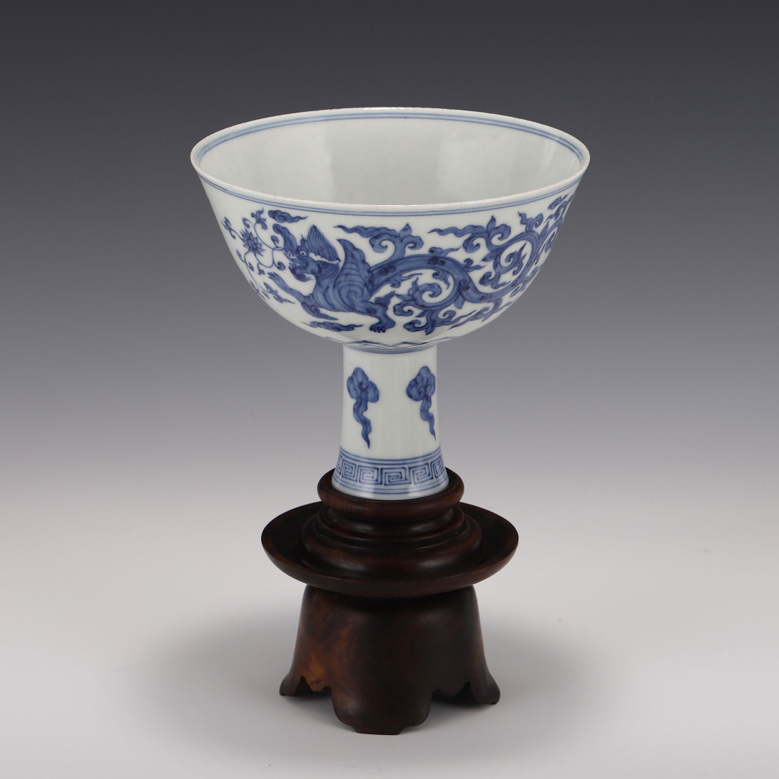 BLUE & WHITE DRAGON HIGH STEM BOWL ON HARDWOOD STAND (1 of 10)