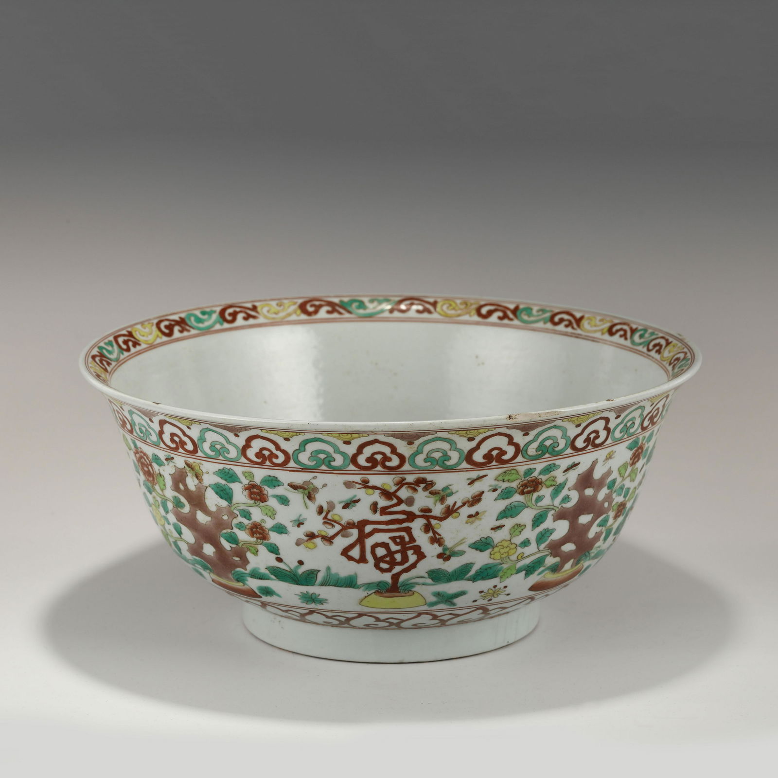 MING JIAJING RED & GREEN FLORAL & ROCK LARGE BOWL (1 of 9)