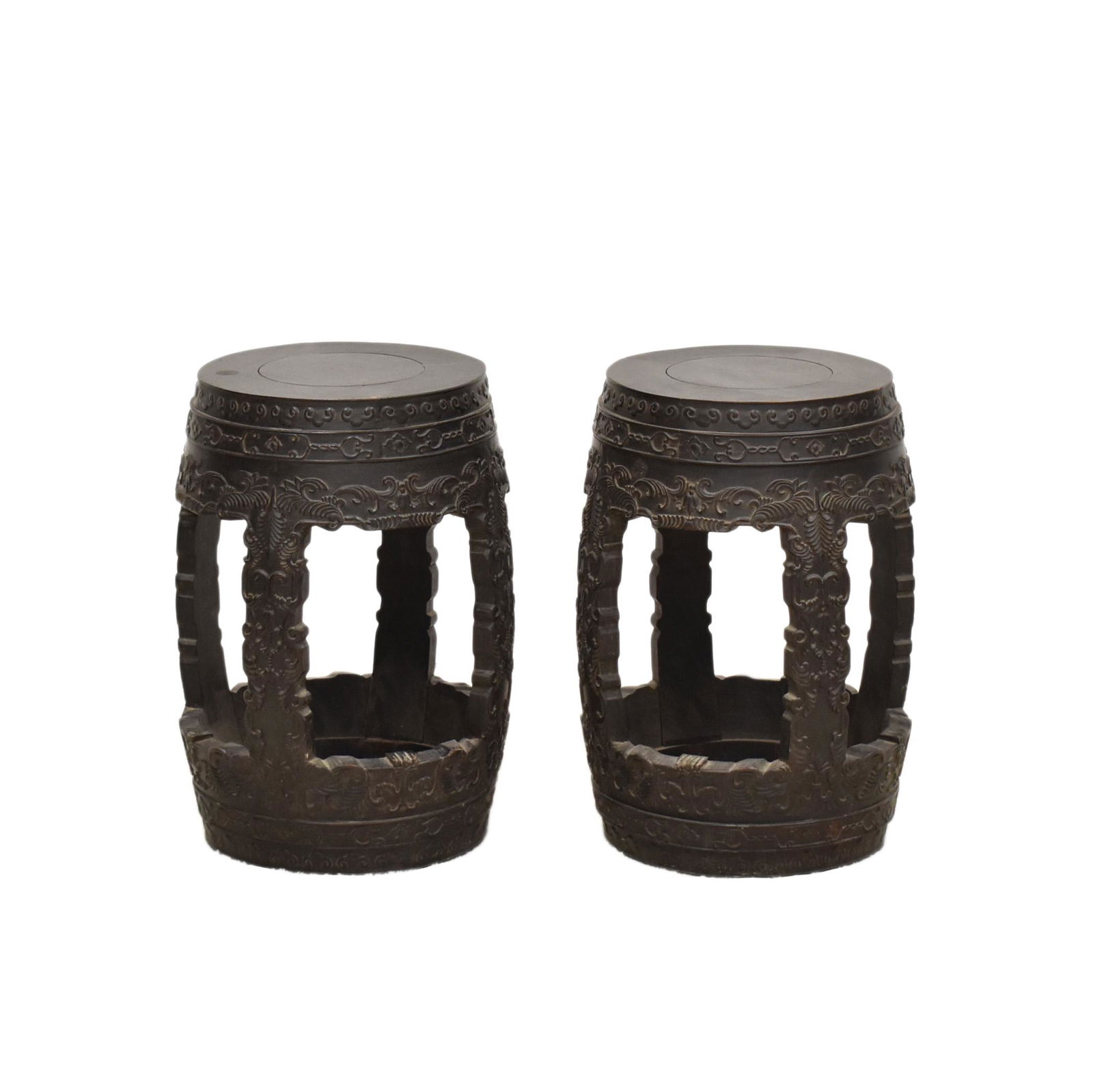 PAIR OF 19TH C CHINESE ZITAN BARREL SHAPED STOOLS (1 of 6)
