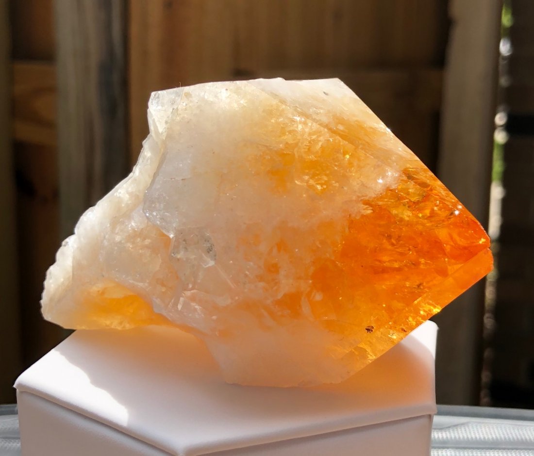Citrine Point: Large single citrine point. This is heated amethyst. 110mm X 75mm X 60mm. 362 Grams.