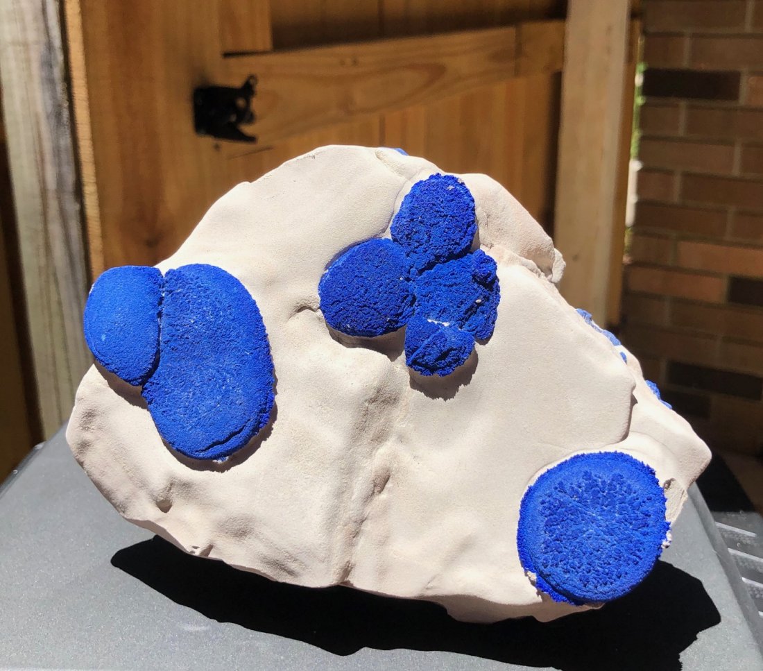 Azurite On Kaolinite: This is a very high quality specimen with several azurite "suns". These specimens are rare and only found on Aboriginal lands. Malbunka Copper Mine, Northern Territory, Australia. 835 Grams. Approxima
