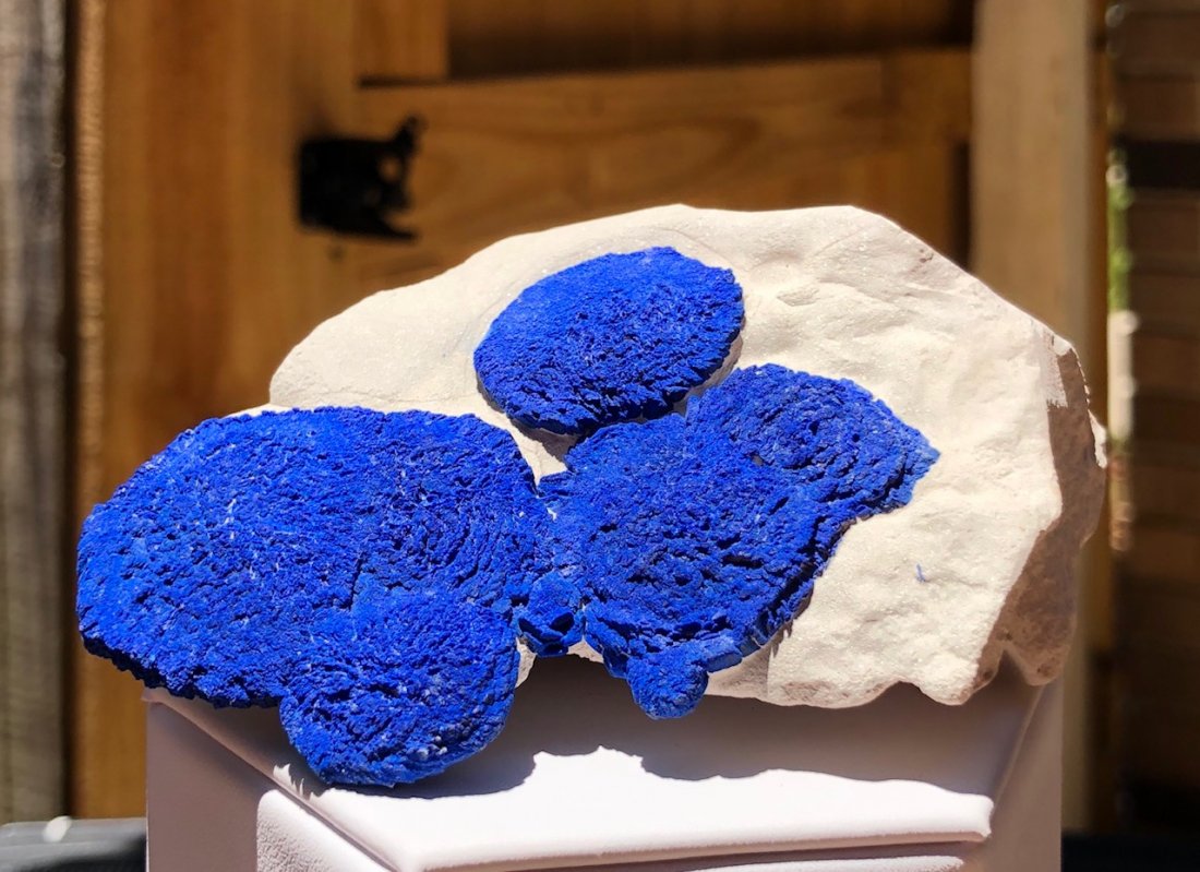 Azurite On Kaolinite: Very nice specimen with multiple azurite "suns". These specimens are rare and only found on Aboriginal lands. Malbunka Copper Mine, Northern Territory, Australia. 185.6 Grams. Approximately 85mm X 75m