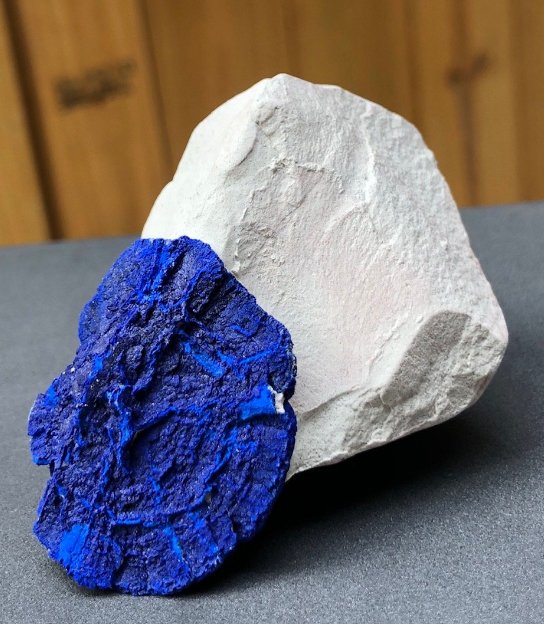 Azurite On Kaolinite: Nice specimen with single azurite "sun". These specimens are rare and only found on Aboriginal lands. Malbunka Copper Mine, Northern Territory, Australia. 115.8 Grams. Approximately 70mm X 45mm X 40mm