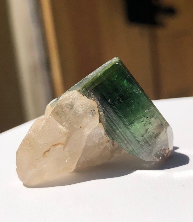 Green Tourmaline Specimen: Nice green tourmaline on quartz. Broken base. Gilgit District - Pakistan. 11 Grams. Approximately 30mm X 20mm X 15mm.