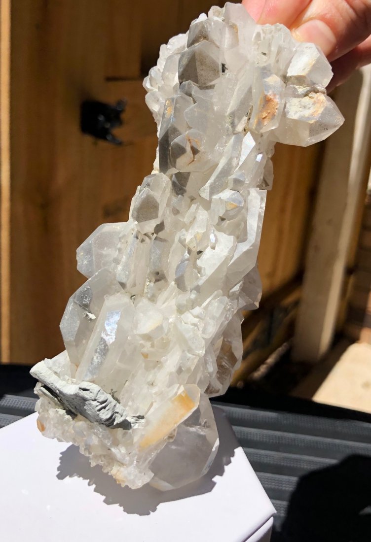 Faden Quartz Specimen: Large specimen of "faden" quartz with many tabular crystals. Gilgit Pakistan. 318 Grams. Approximately 140mm X 60mm X 50mm.
