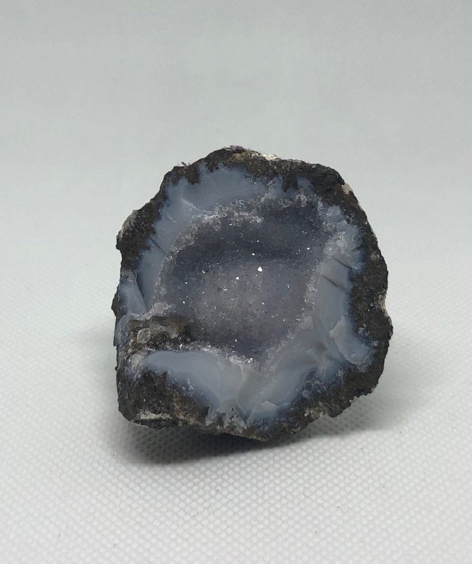 Small Druzy Agate Geode Fragment: Beautiful small fragment of blue agate and druzy geode. Approx 2.25" diameter. AS ALWAYS WE OFFER IN-HOUSE SHIPPING VIA USPS FLAT RATE SHIPPING, NO EXTRAVAGANT SHIPPING FEES!