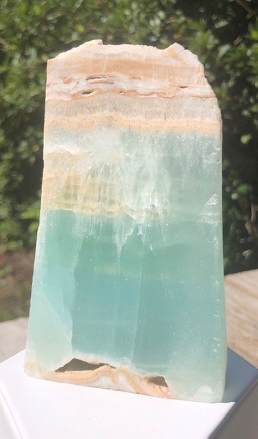 Caribbean Calcite Slab: Beautiful slab of the popular caribbean calcite. These slabs look like the ocean and are stunning. Approximately 4.5" x 2.5".