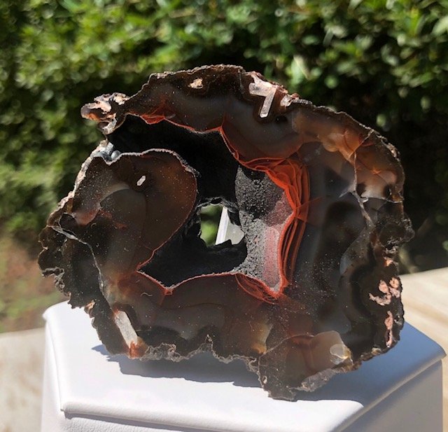 Red Fox Agate Geode Half: Red fox agate geode half. These geodes are rare hematite included and are UV reactive. Argentina. 3" x 2.5". AS ALWAYS WE OFFER IN-HOUSE SHIPPING VIA USPS FLAT RATE SHIPPING, NO EXTRAVAGANT SHIPPING F
