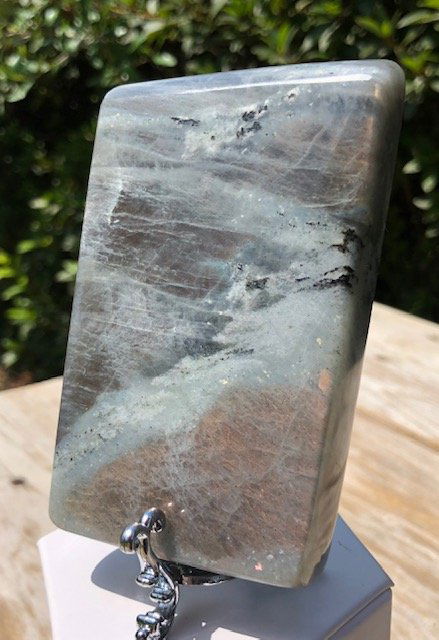 Peach / Pink Labradorite Freeform: Beautiful freeform with peach and pink flashes. Very good color. Approximately 4" x 2.75". High quality.