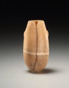 An Alabaster Jar: Egyptian 3rd - 1st mill. B.C..Alabaster. H. 6.9 cmOvoid body with flat lateral handles. Reassembled from two fragments. Chip at the rim.Formerly priv. coll. M.C. (b. 1933) and R. C-B. (b. 1929),