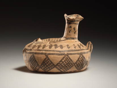 Bulbous Askos with Diamond Frieze: Boeotian, subgeometric 2nd half of the 7th cent. - early 6th cent. B.C..Pale orange clay, cream coating, dark brown matte slip.. L. 10.7 cmBulbous vessel on an oval base with trefoil spout as a