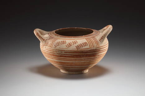 Italo-Geometric Lidded Vessel with Striped decoration: Geometric Late 7th cent. B.C..Clay. Dm incl. handles 17.5 cm, H: 11 cm.Two-handled vessel with striped decoration and three rows of herringbone-like stripes between vertical stripes on the shoulder.