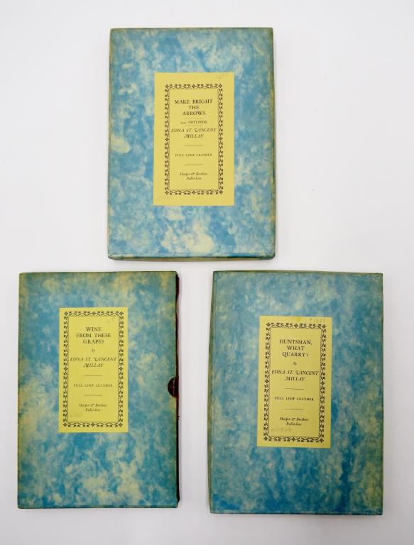 3 Edna St Vincent Millay 1st eds: 3 Edna St Vincent Millay 1st eds, each in limp leather binding, dj, and box/slipcase Harper, 1934-1940. Includes Wine from these Grapes (1st edition stated), limp leather binding, in glassine dust jac
