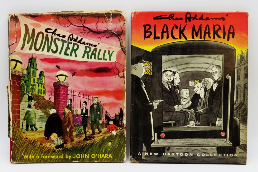 2 Charles Addams 1st editions, signed & inscribed: 2 Charles Addams 1st editions, signed and inscribed, 1 with a sketch or drawing A) Monster Rally (Simon and Schuster, 1950), signed and inscribed in January 1950 to "Ann and Wright"; B) Black Maria, s