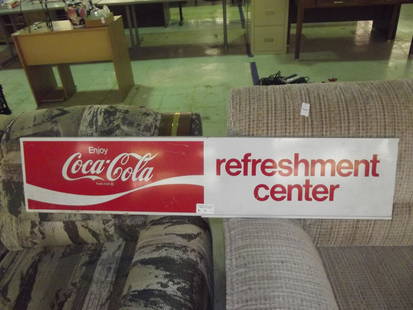 Coke sign: 4ft x 10in Coca Cola Refreshment Center Tin Sign