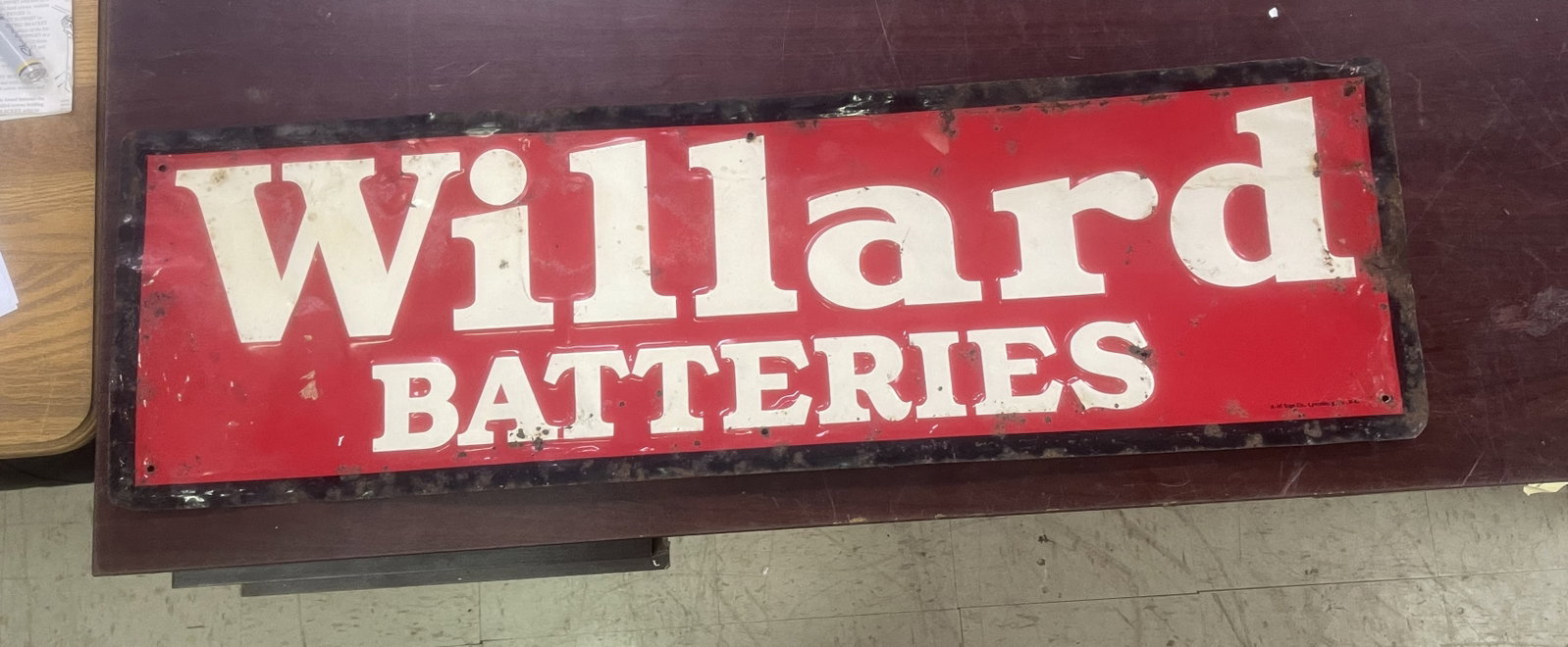 Willard Bateries Metal Sign 40" L x 12" H: Willard Bateries Metal Sign 40" L x 12" H