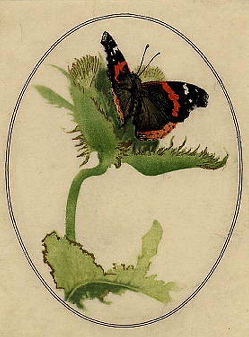 Hans Frank, Red Butterfly with Flower: Red Butterly with Flower. Frank, Hans - Austrian (1884-1959). Color block print. Signed in pencil. 7 1/8 x 5 1/8. Artist Biography: Hans Frank was active/lived in Austria. Hans Frank is known for pain