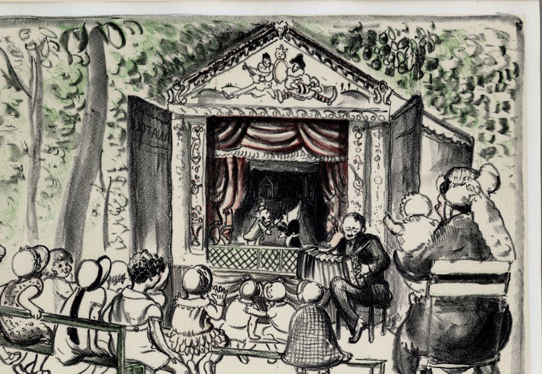 Mabel Dwight, Guignolette (Puppet Show), 1927: Guignolette (Puppet Show). Dwight, Mabel - American (1875-1955). Lithograph in 3 colors, 1927, Robinson & Pirog 17, Edition of 75. Signed & dated in pencil. Paris. 8 3/4 x 11 7/8. Artist Biography: Ma