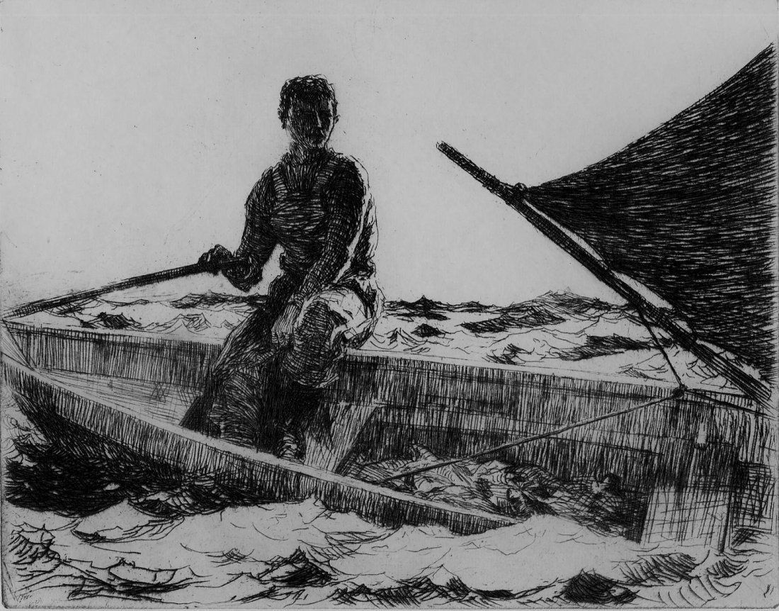 Frank W. Benson, Dory Fisherman, 1927: Dory Fisherman. Benson, Frank W. - American (1862 - 1951). Etching, 1927, Paff 267, edition of 150. Signed in pencil. 7 3/4 x 9 7/8. Artist Biography: Frank Weston Benson, frequently referred to as Fr