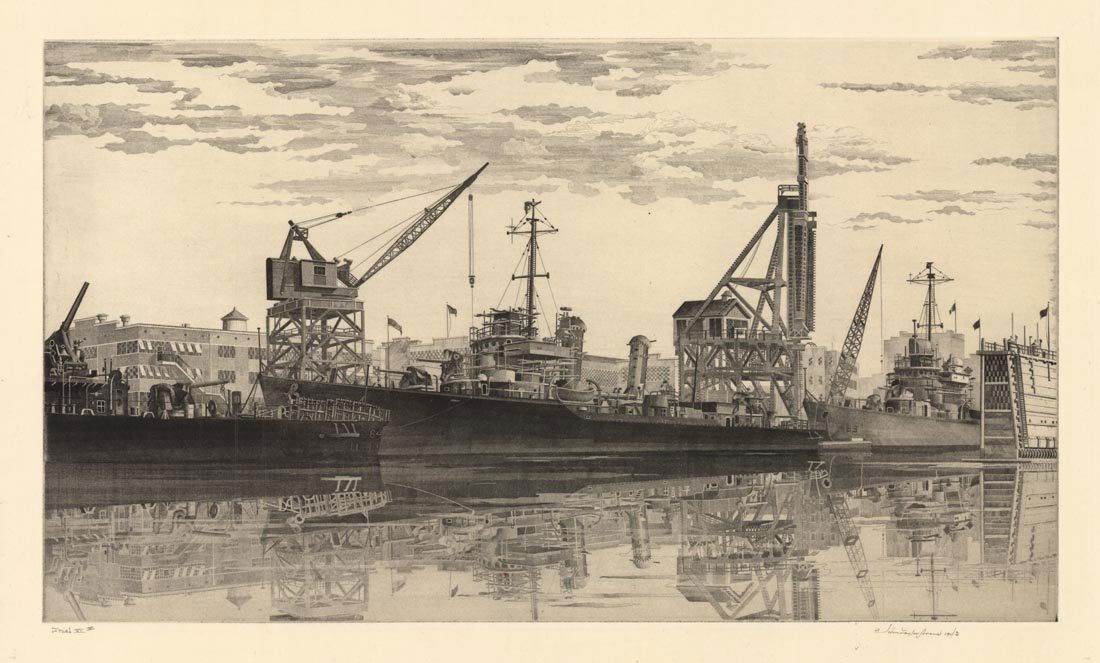 John Taylor Arms, Destroyers in Wet Basin at Federal: Destroyers in Wet Basin at Federal Shipbuilding and Drydock Company, South Kearny, N. J. U.S.S. Radford, Quick, Mervine. Arms, John Taylor - American (1887-1953). Etching, 1943. Edition 875. Signed an