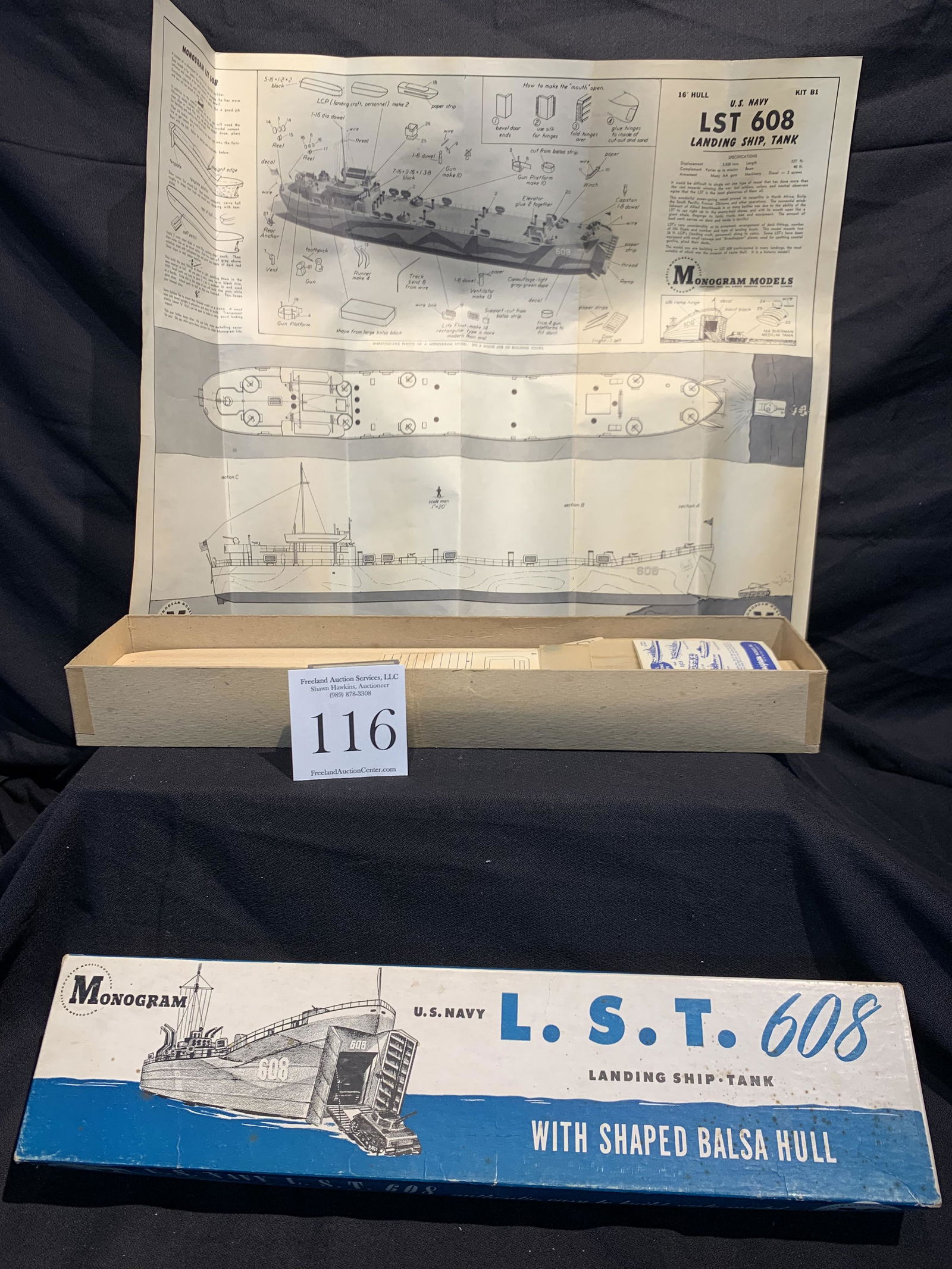 Monogram US Navy L.S.T. 608 Landing Ship Tank with: Monogram US Navy L.S.T. 608 Landing Ship Tank with Shaped Balsa Hull model in ORIGINAL BOX never put together!
