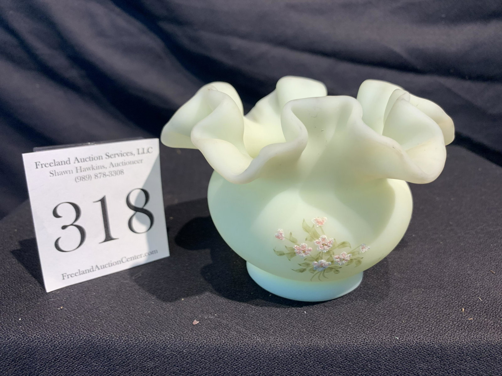4" Signed Fenton Burmese Hand Painted Ruffled Rim Vase: 4" Signed Fenton Burmese Hand Painted Ruffled Rim Vase with Pink Flowers