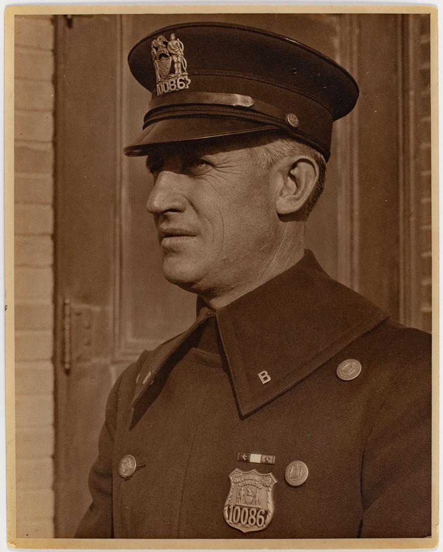 LEWIS HINE Chief of New York Police 1930s: LEWIS HINE, Chief of Police of New York, 1920s,9.5x7.5" on 10x8" paper ASG# LH/1037 badge on policeman reads NY Chief of Police. Lewis Hine(1874-1940) celebrated for his documentary work of children i
