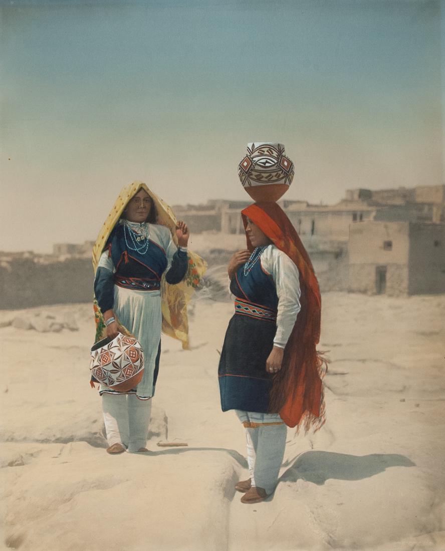 JACKSON Laguna Indians carrying Pottery 1900: DETROIT PHOTOGRAPHIC PUBLISHING COMPANY 5275 Going for Water, Pueblo of Acoma, N.M., Ca. 1898 20.8x17" Hand Colored textured Gelatin Silver or Platinum Print ASG# DPC/2658 mounted on 30.5x23.5" heavy