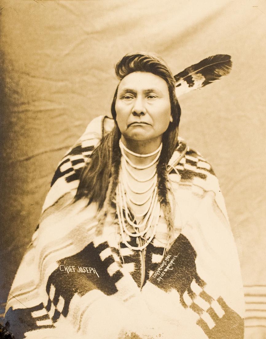 LEE MOREHOUSE CHIEF JOSEPH - NEZ PERCE 1901: LEE MOREHOUSE Chief Joseph, 1901, 9x7.2" Gelatin Silver Print on 8x10" paper. Framed. ASG# LM4/1003 This is a portrait of an older Chief Joseph, one of the most famous and important American Indian Ch