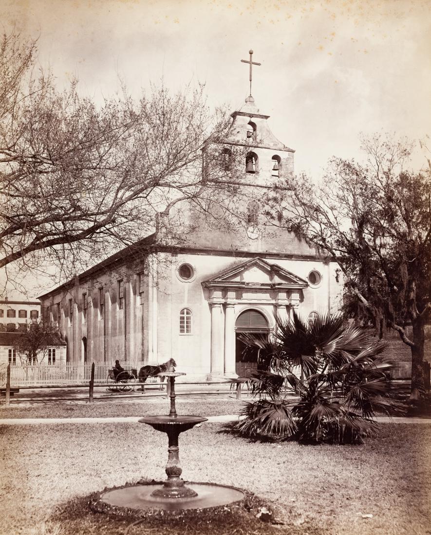 GEORGE BARKER Church ST AUGUSTINE 1886 20x16": GEORGE BARKER Oldest Church, St. Augustine Cathedral, 1886, 20.3x16.3" Albumen Print mounted on 21x17" thick green board with gilded edges. Barker Landscape photographer Niagara backmark. ASG# BG2/101