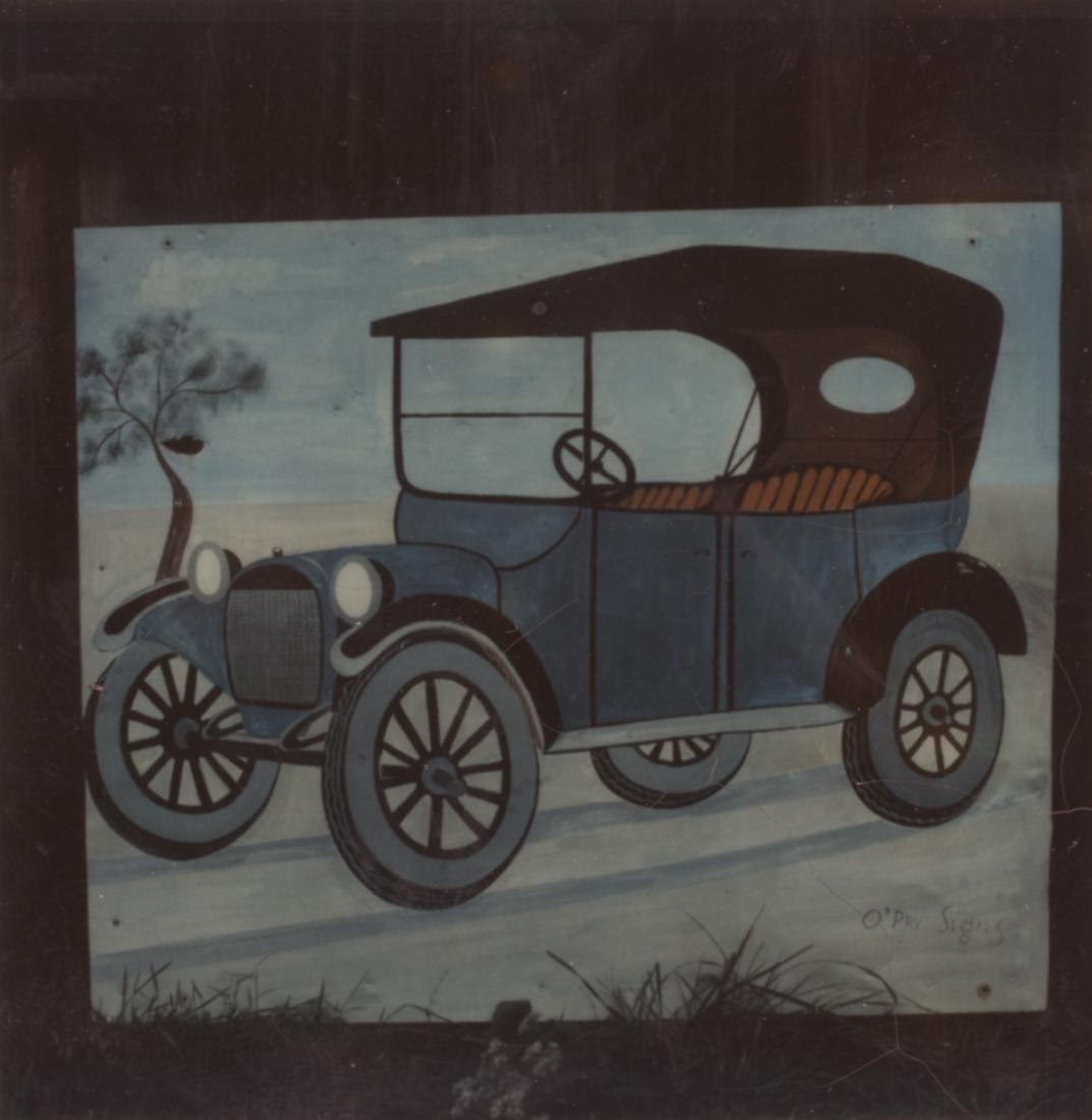 2 WALKER EVANS Polaroids Signs 1973-4: 1. WALKER EVANS [ Hand-Painted Sign of Model T Ford, Old Lyme, Connecticut], 1973-1974, 3x3" Polaroid SX-70 Print. ASG# WE/1171 2. WALKER EVANS [ Metal Cigarette Advertisement: "Camels" ], 1973-1974,
