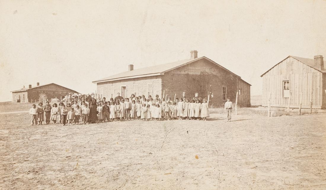 4 INDIAN BOARDING SCHOOL STUDENTS ca.1900: 1. Children and Teachers stand in front of Native American Boarding School, Ca.1900 4.4x7.7" Collodion Silver Print 5.3x8.5" Boudoir Card 2. School Easter Day Children stand in open walkway ca. 1900 3