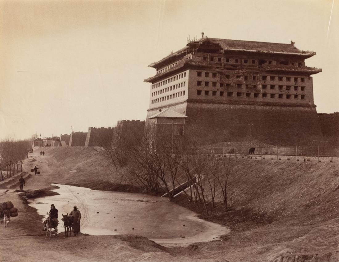 2 VIEWS CHINA 1890-1900 ALBUMEN & PLATINUM: 1. SANCHICHIRO YAMAMOTO North Gate, Beijing, China , ca. 1890, 7.7x9.8" Albumen Print stamp verso Photographer S Yamamato Peking 2. UNKNOWN, [Gateway Entrance to Pagoda] ca. 1910, 5.3x9.5" Platinum pr