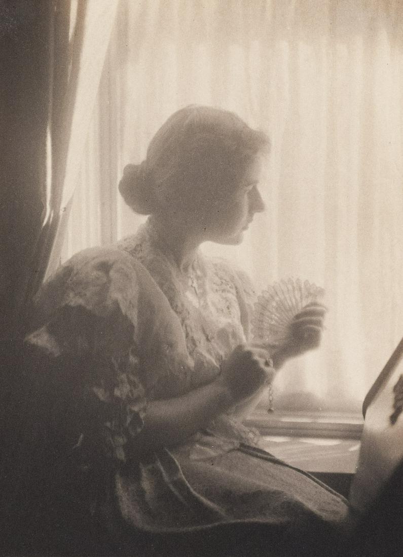 ANTOINETTE HERVEY Early Woman Pictorialist 1931: ANTOINETTE B. HERVEY, In Mother's Paris Gown, Hazel at 16, 1915, 6.25x4.5" Platinum print, Printed c. 1915, Signed on tissue under print left. Signed and inscribed in pencil on mount verso: In Mother'