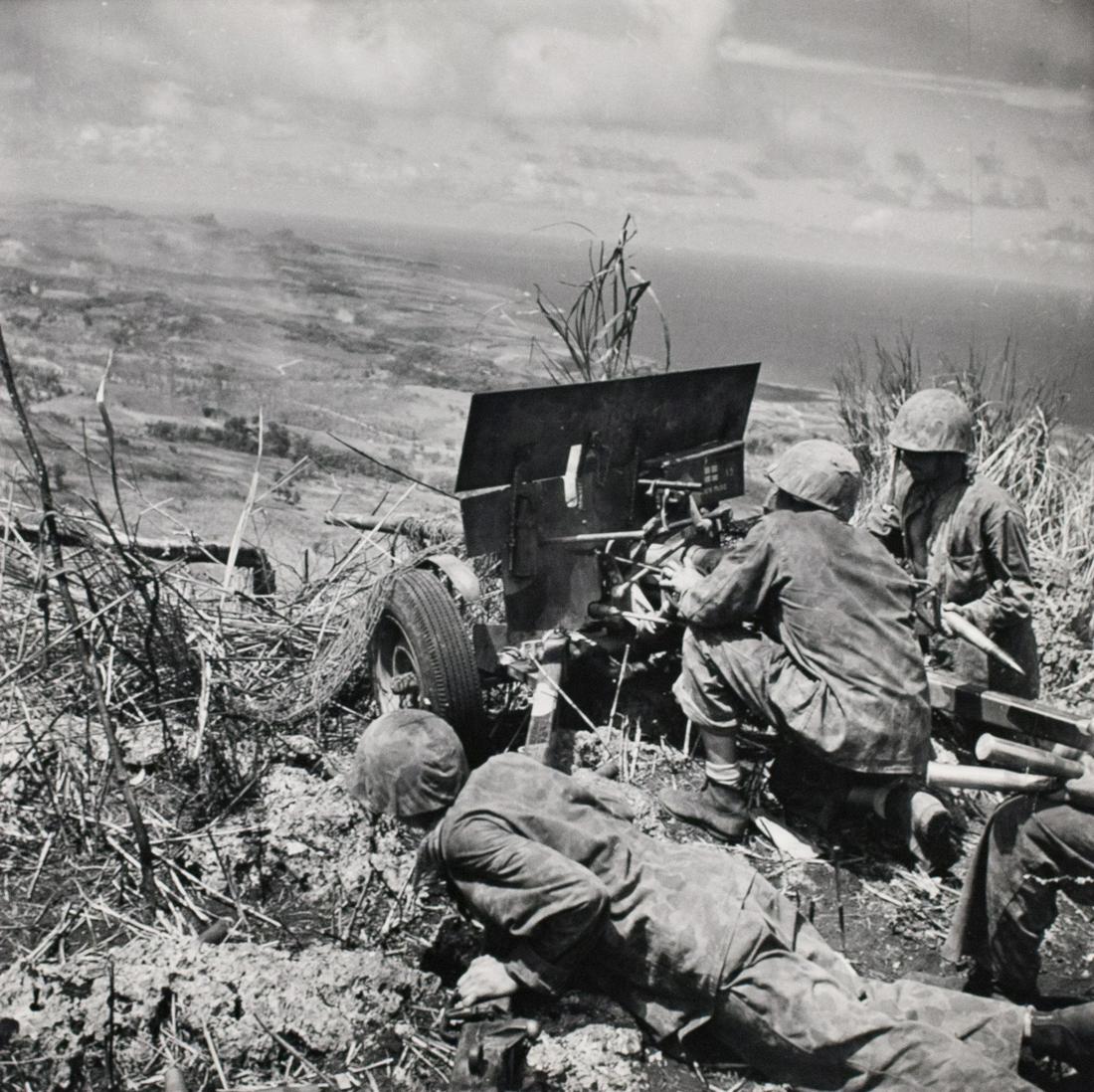 W EUGENE SMITH WWII vintage Saipan Soldiers 1944: W. EUGENE SMITH, Three solders firing 37MM anti-tank gun atop Mt. Tagpochau. [The highest point on the island of Saipan], 1944, 10.75x10.75" Gelatin silver print, Printed c. 1944, LIFE Picture Collect