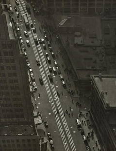 SAMUEL GOTTSCHO NY Looking Down on Busy Street 1930s: SAMUEL GOTTSCHO, Untitled (city street from above), 1930s, 9.5x7.5" Gelatin silver print, Printed c. 1930s, Photographer's stamp on print verso, filled in pencil with number 17737; inscribed in ink: B