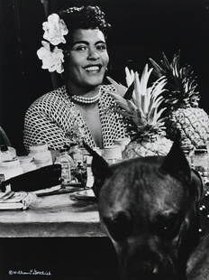 WILLIAM GOTTLIEB Jazz Fashion 1948: WILLIAM P. GOTTLIEB, Billie Holiday with her boxer, Mister., c. 1948, 13.5x10.125" Gelatin silver print, Printed later, Signed in white ink on print recto in lower left corner of image. Signed and tit